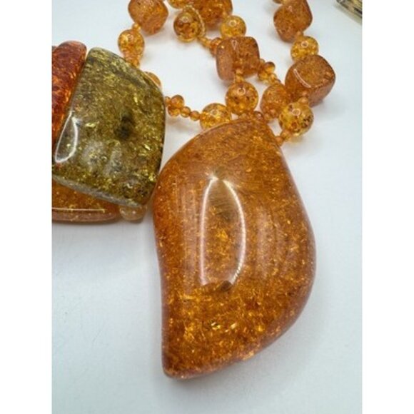 Chunky Ambar Lucite Necklace & Bracelet Large Glitter Set ArtDeco Styel 3 Tones - Picture 9 of 11